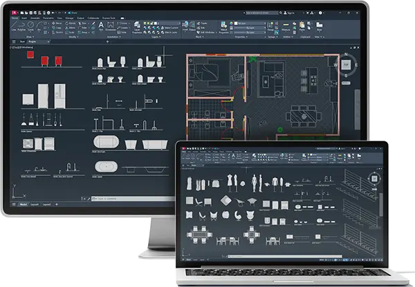 Dynamic Blocks library for AutoCAD on a laptop and monitor